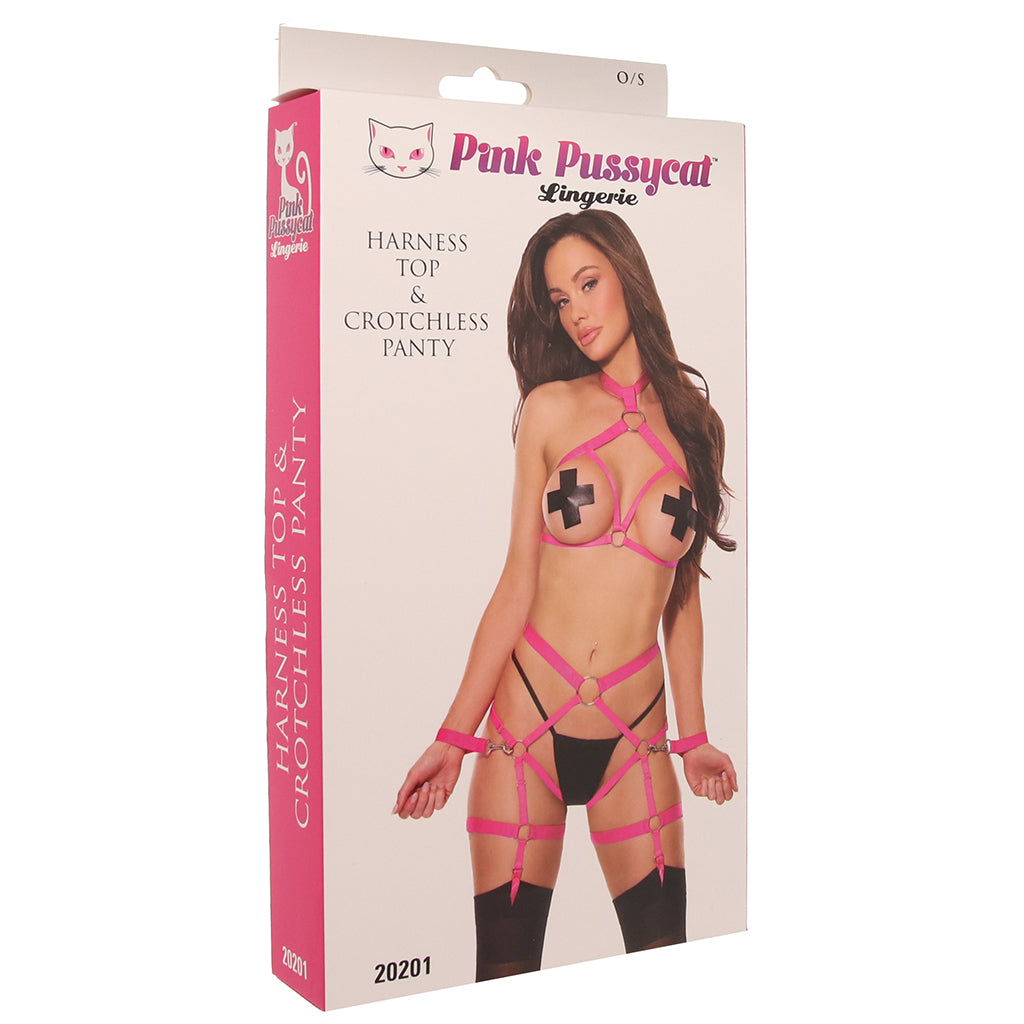 Pink Pussycat Harness Top & Crotchless Panties Set — Heaven Boutique Calgary 9
