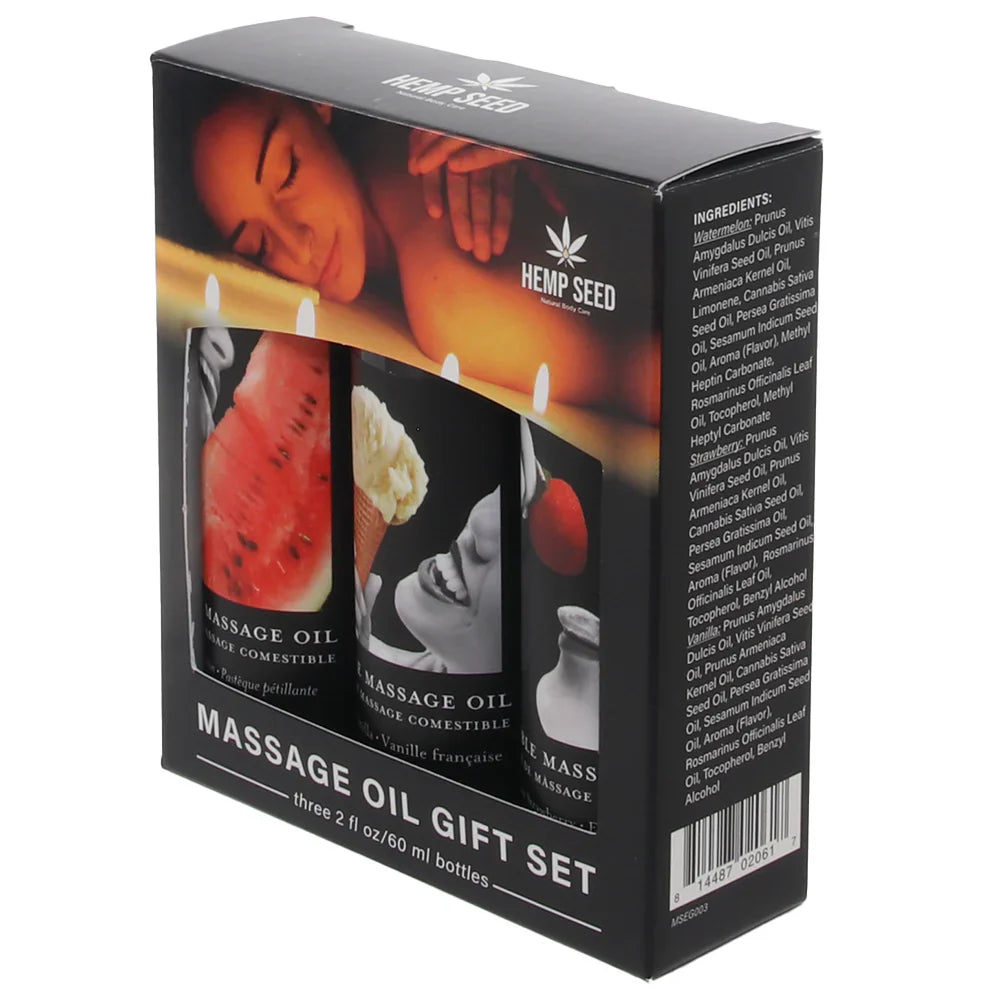 Hempseed Edible Massage Oil Gift Set – Calgary adult store – close-up view