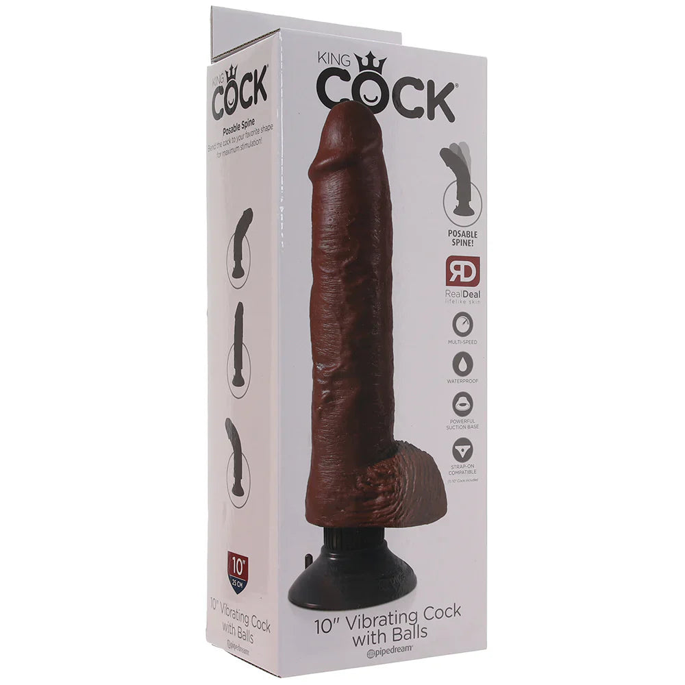 King Cock 10 Inch Vibrating Dildo with Balls in Brown – Calgary adult store – close-up view